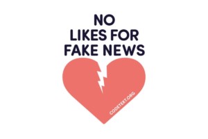 Auf dem Foto ist ein Design von Codetekt zu sehen. Es ist ein rotes Herz, das in der oberen Hälfte gebrochen ist. In schwarzer Schrift steht darüber: "NO LIKES FOR FAKE NEWS"